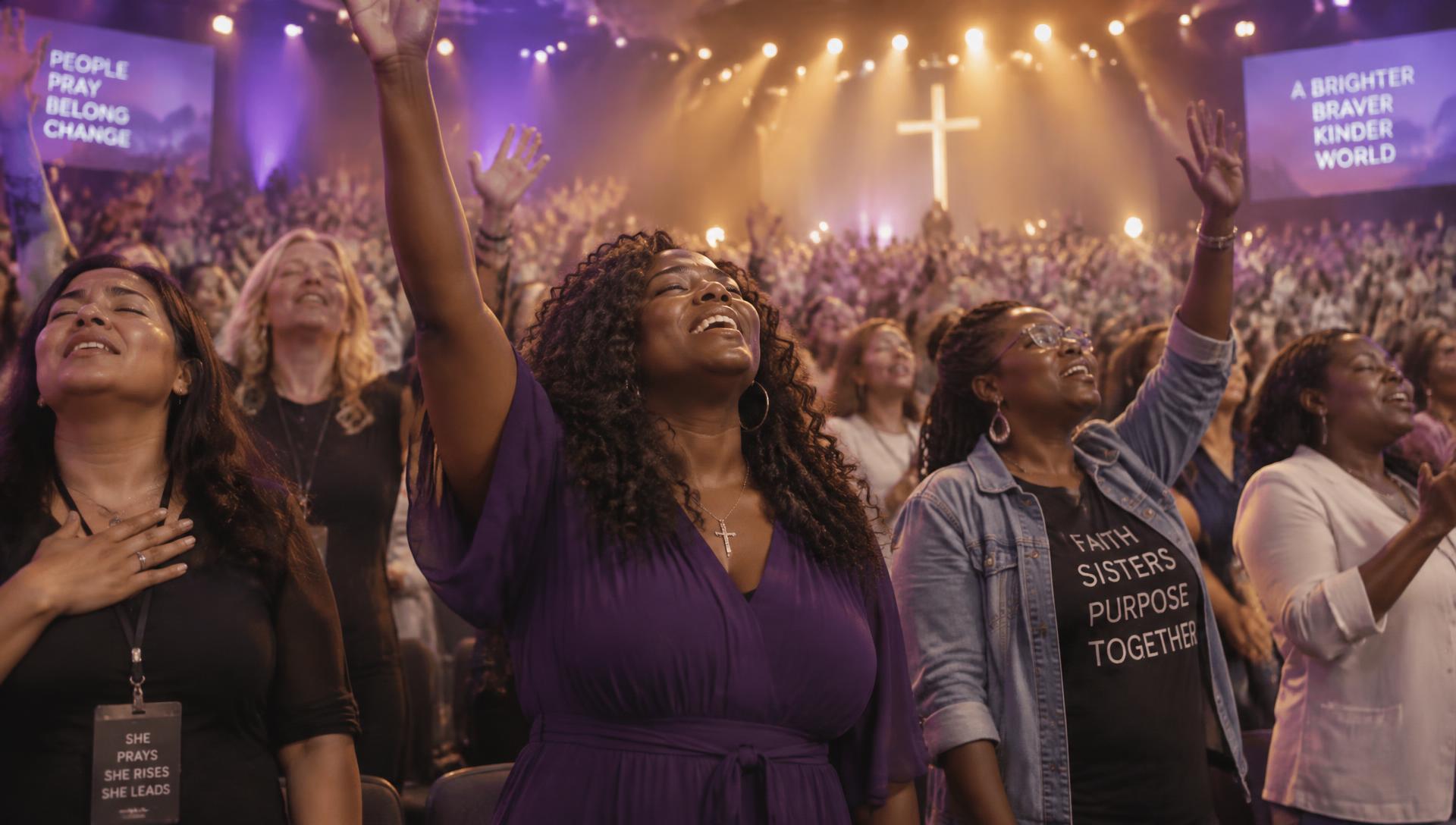 Women worshipping together under purple and gold lights